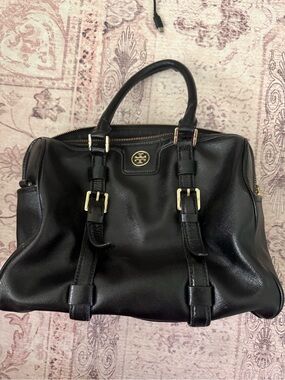 Tory Burch Black Leather Double-Handle Satchel with Gold Hardware